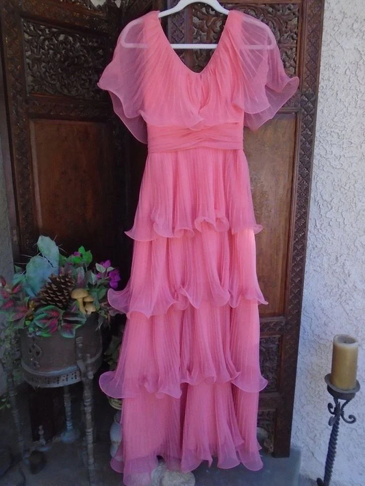 Vintage A line V neckline Long Pink Long Prom Dresses D083