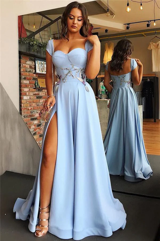 Sexy A line Long Blue Slit Prom Dresses D084