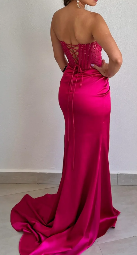 Robe de soirée élégante en satin rose à paillettes et décolleté en cœur, robe de bal fendue, C1929