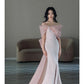 Pretty Mermaid Strapless Pink Sequin Long Evening Dress Prom Dresses With Bow C3450