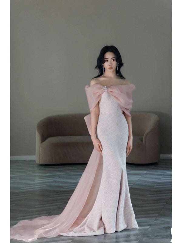 Pretty Mermaid Strapless Pink Sequin Long Evening Dress Prom Dresses With Bow C3450