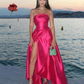 Pretty A line Strapless Hot Pink Slit Satin Prom Dresses Formal Evening Dress C2701