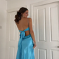 Vintage A Line Spaghetti Straps 90s Blue Prom Dresses Evening Gowns With Bow C3031