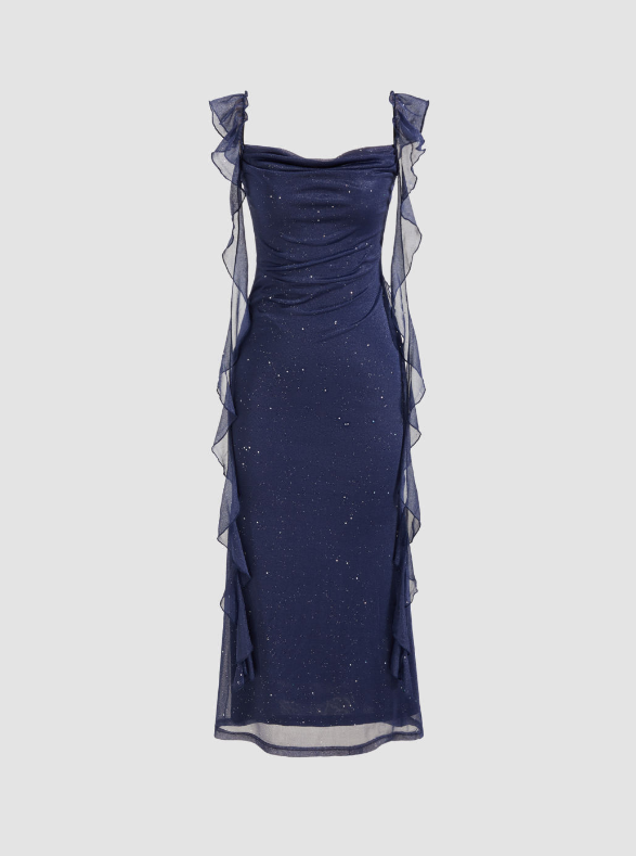 Elegant Sheath Square Neckline Navy Blue Chiffon Ruffles Prom Dresses Formal Dress C2733