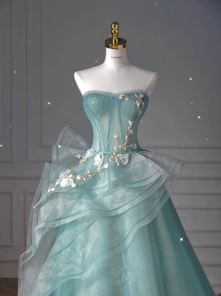 Pretty Ball Gown Sweetheart Tulle Green Long Evening Dress Prom Dresses With Ruffles C3454