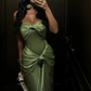 Modest Mermaid Sweetheart Sage Green Long Satin Prom Dresses Evening Dress C2843