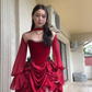 Elegant High Low Strapless Burgundy Satin Prom Dress Birthday Outfits With Sleeves C3533