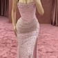 Elegant Mermaid Spaghetti Straps Pink Beads Sequin Slit Long Prom Dresses Formal Dress C2745