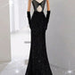 Robe de soirée longue élégante à bretelles spaghetti et paillettes noires avec perles C3518