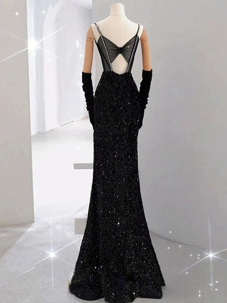 Robe de soirée longue élégante à bretelles spaghetti et paillettes noires avec perles C3518