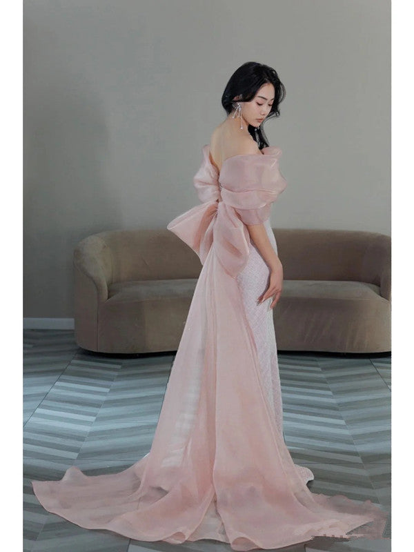 Pretty Mermaid Strapless Pink Sequin Long Evening Dress Prom Dresses With Bow C3450