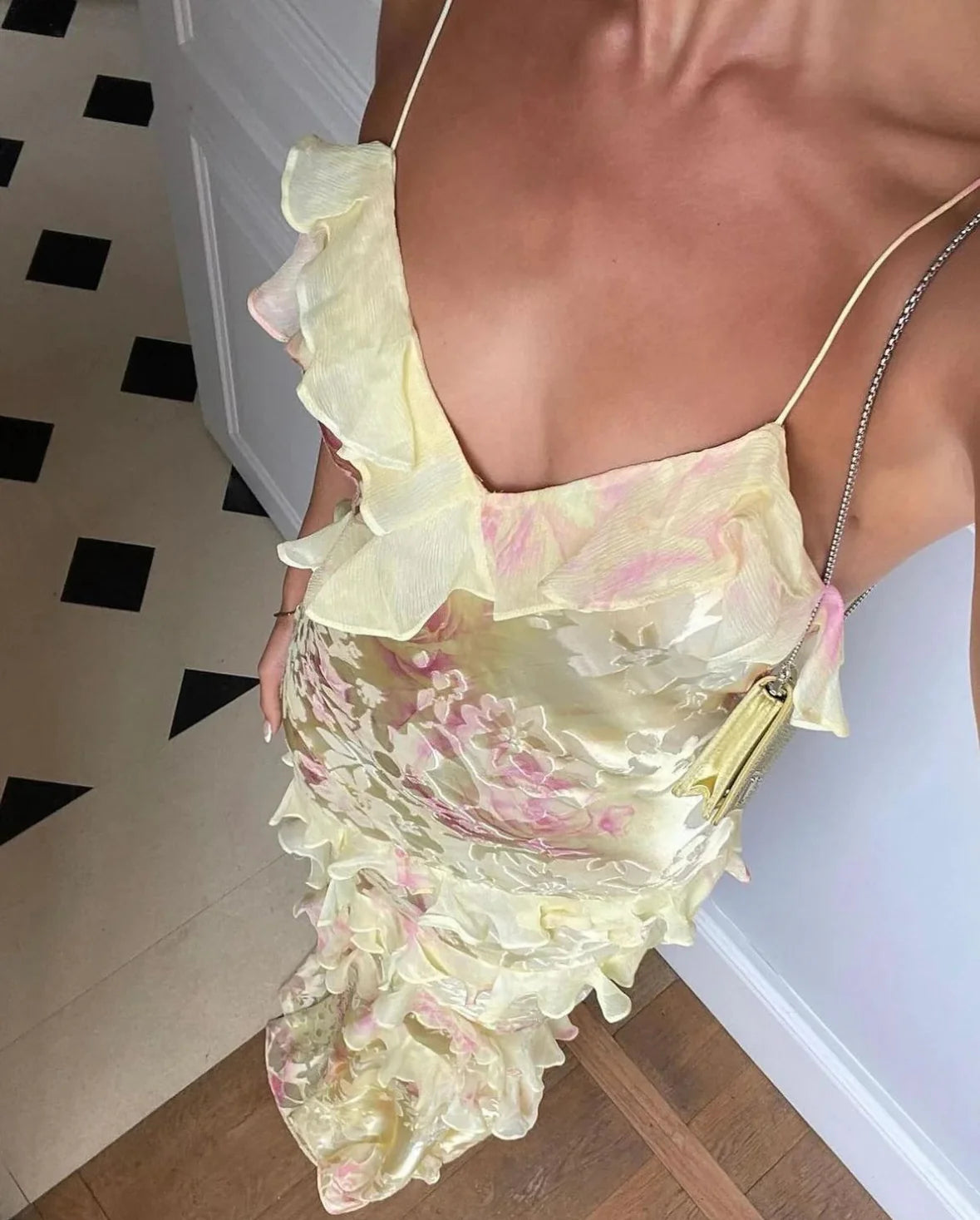 Elegant Sheath Spaghetti Straps Yellow Lace Long Prom Dresses Evening Gowns C3025