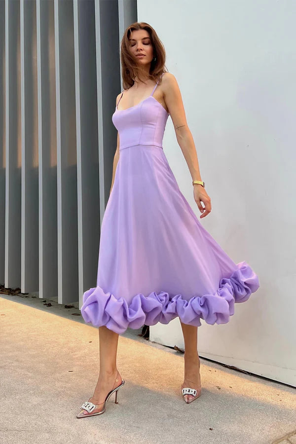 Robe de soirée vintage en satin lilas à bretelles spaghetti et volants, robe de bal BD2492
