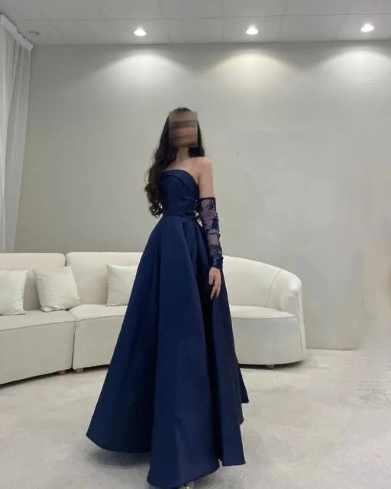 Modest Ball Gown Navy Blue Strapless With Long Sleeves Prom Dresses Long Evening Dress C2853