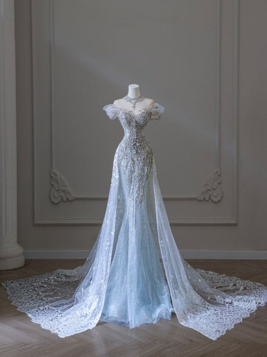 Robe de bal longue sirène élégante sans bretelles bleu ciel clair B441