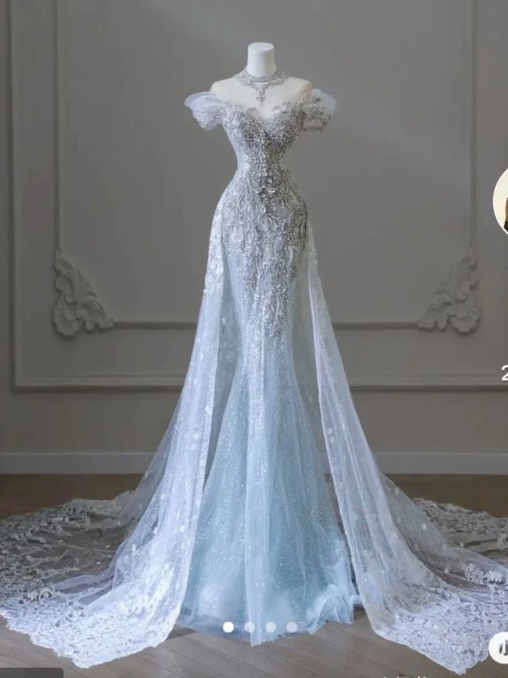 Open Back Mermaid Sky Blue Long Prom Dress