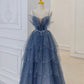 Luxe une ligne bretelles Spaghetti gris bleu longueur de plancher robes de bal B002