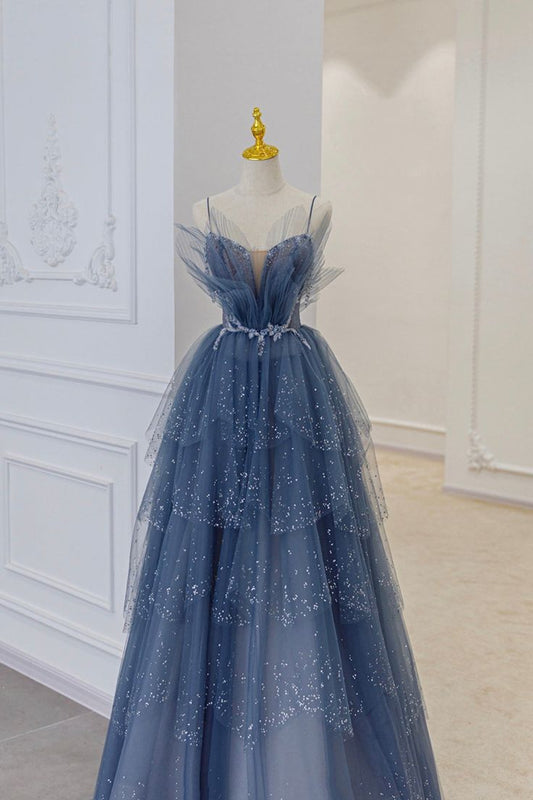Luxury A line Spaghetti Straps Grey Blue Floor Length Prom Dresses B002