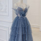 Luxe une ligne bretelles Spaghetti gris bleu longueur de plancher robes de bal B002