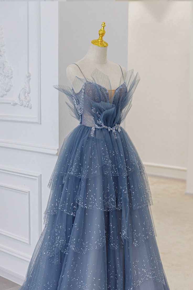Luxe une ligne bretelles Spaghetti gris bleu longueur de plancher robes de bal B002