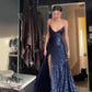 Pretty Sheath Spaghetti Straps Slit Navy Blue Sequin Prom Dresses Evening Dress C2809