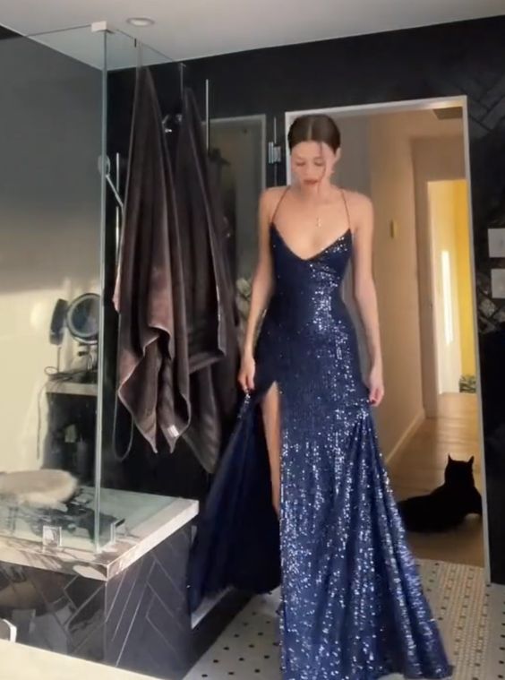 Pretty Sheath Spaghetti Straps Slit Navy Blue Sequin Prom Dresses Evening Dress C2809