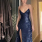 Pretty Sheath Spaghetti Straps Slit Navy Blue Sequin Prom Dresses Evening Dress C2809