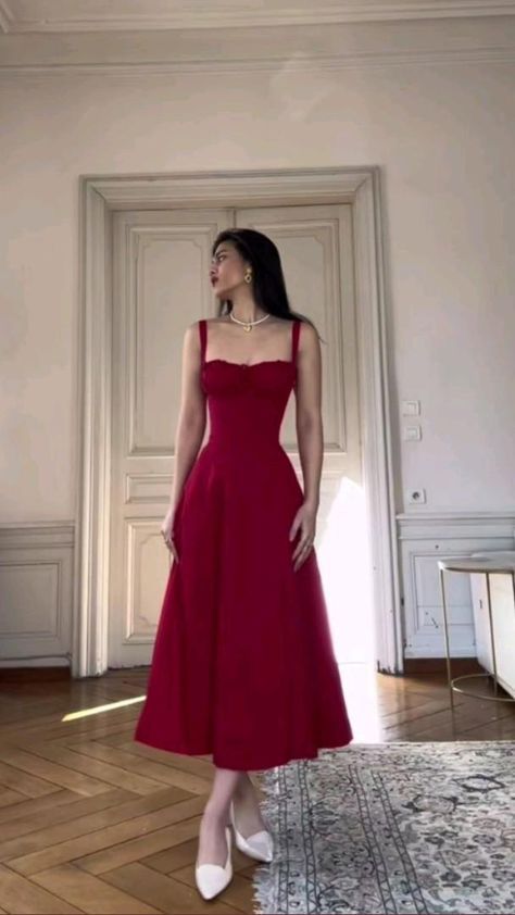 Sexy A Line Straps Red Midi Length Evening Dress Prom Dresses Birthday Outfits BD2487