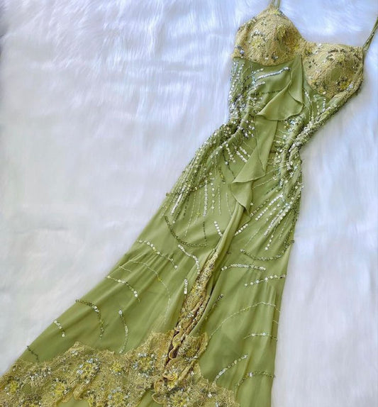 Vintage A Line Spaghetti Straps Green Long Lace Evening Dress Prom Dresses Birthday Outfits BD2494