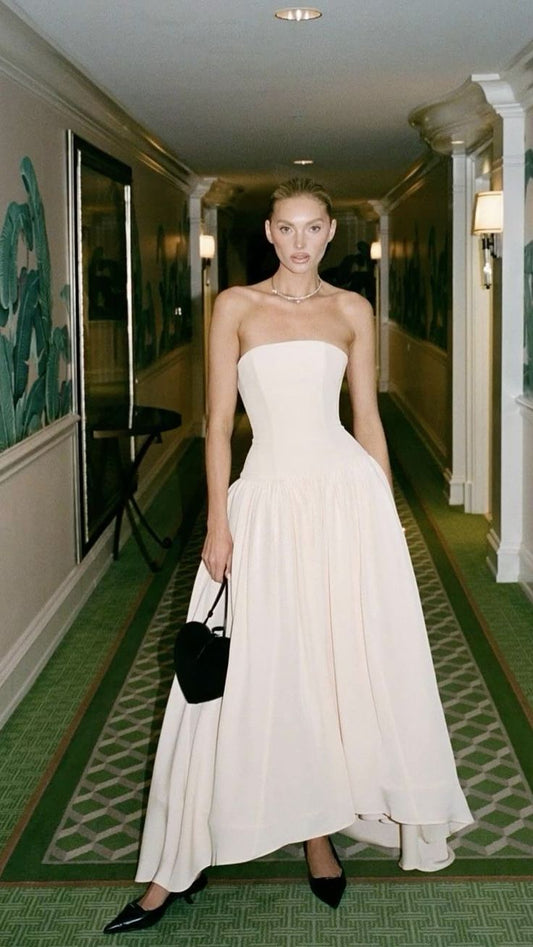 Vintage A Line Strapless Satin Evening Dress Prom Dresses Long Birthday Outfits BD2516