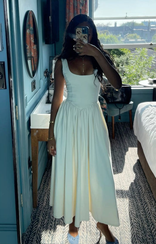 Vintage A Line Square Neckline White Satin Evening Dress Prom Dresses Birthday Outfits BD2518