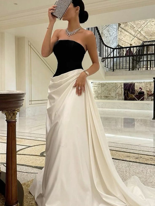 Modest A line Strapless Black Sleeveless Prom Dress Formal Evening Dresses BD2526