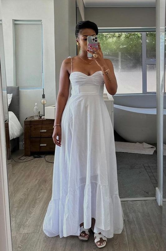 Simple A line Spaghetti Straps White Sleeveless Long Prom Dress Formal Evening Dresses BD2539
