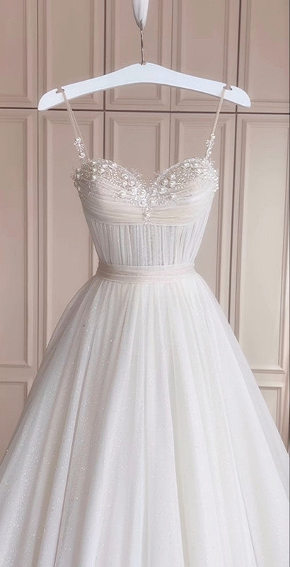 Simple A line Spaghetti Straps White Sleeveless Long Prom Dress Formal Evening Dresses BD2543
