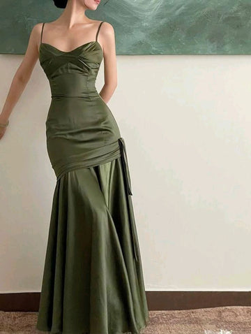 Sexy Mermaid Straps Green Party Dresses Satin Prom Dresses