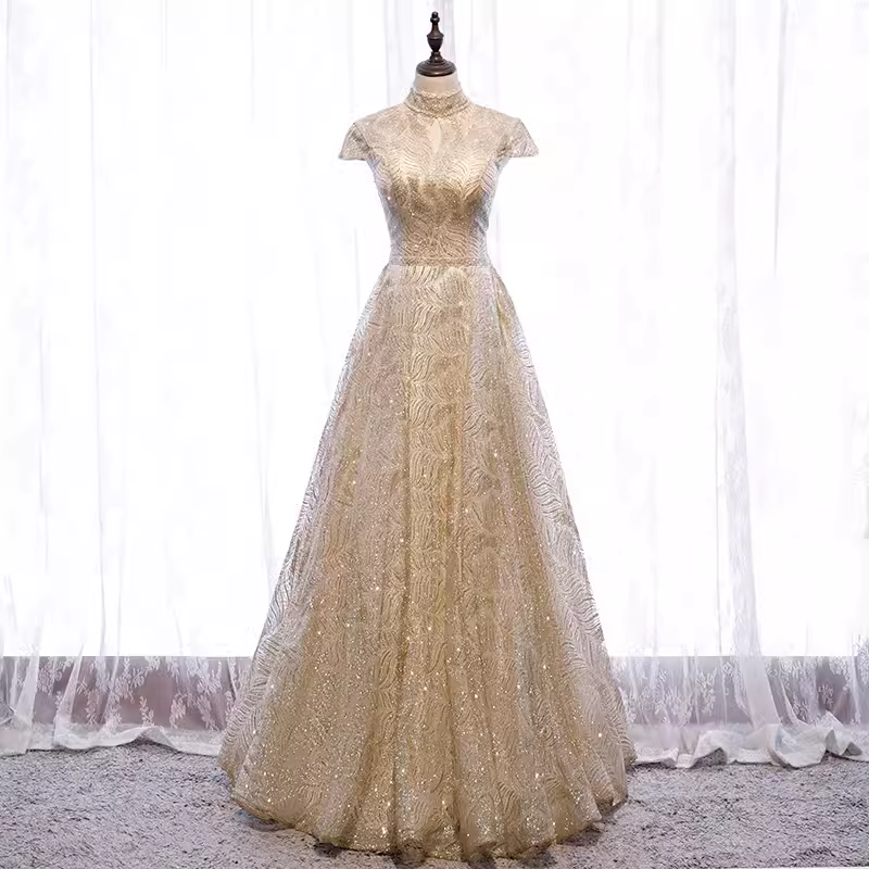 Sparkly A line High Neckline Sequin Gold Long Prom Dresses B032