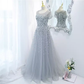 Sparkle A line Scoop Tulle Beads Long Gray Prom Dresses B039