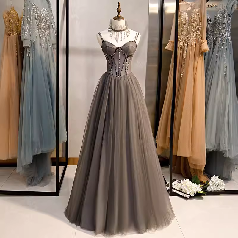 Simple A line Spaghetti Straps Tulle Beads Long Prom Dresses B036