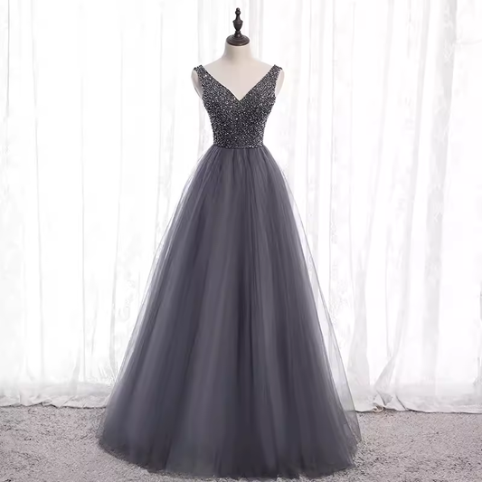 Robe de bal longue en tulle gris scintillant, ligne A, avec perles, B047