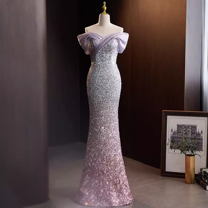 Sparkly Mermaid Off The Shoulder Sequin Lilac Long Prom Dresses B037