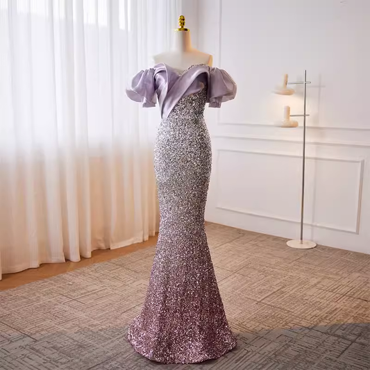 Sparkly Mermaid Off The Shoulder Sequin Lilac Long Prom Dresses B042