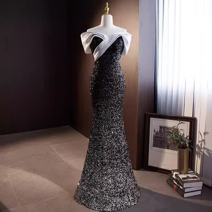 Robe de bal longue noire à paillettes, sirène scintillante, épaules dénudées, B035