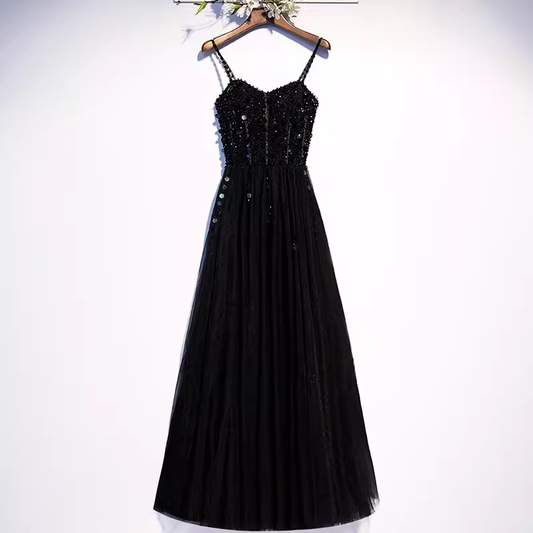 Robe de bal longue noire scintillante, ligne A, bretelles en tulle, perles, B040