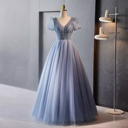 Robe de bal longue en tulle bleu scintillant, ligne A, avec perles, B046