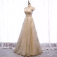 Sparkly A line High Neckline Sequin Gold Long Prom Dresses B032