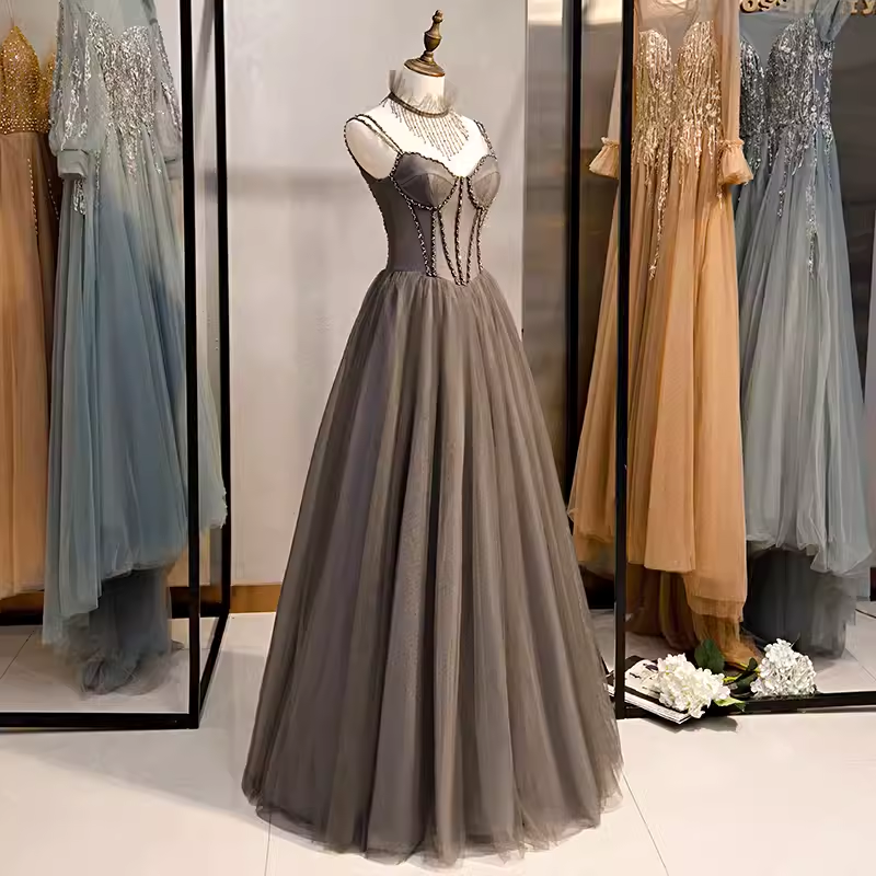 Simple A line Spaghetti Straps Tulle Beads Long Prom Dresses B036