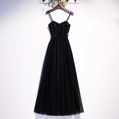 Sparkle A line StrapsTulle Beads Long Black Prom Dresses B040