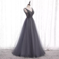 Sparkly A Line Gray Tulle Long Prom Dresses With Beads B047