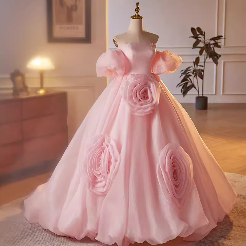 Superbe robe de bal à épaules dénudées en organza rose Sweet 16 robes B043