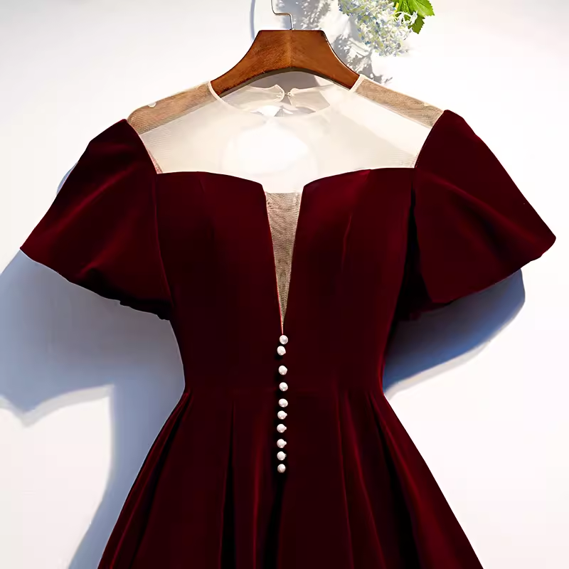 Simple A line Short Sleeves Velvet Red Bridesmaid Dress B041